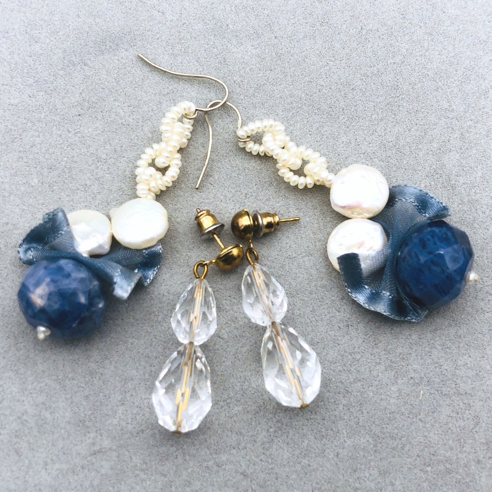 Dangle Earrings 2pr Blue Sodalite White Baroque Pearl Crystal Faceted Bead Drops